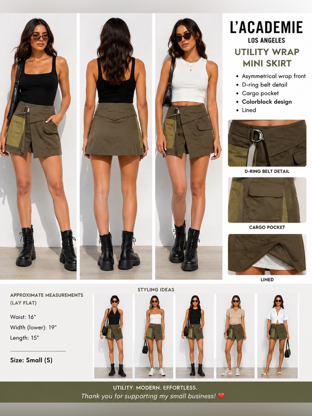L academic Utility Wrap Mini Skirt Size S Olive Green Colorblock D-Ring Cargo